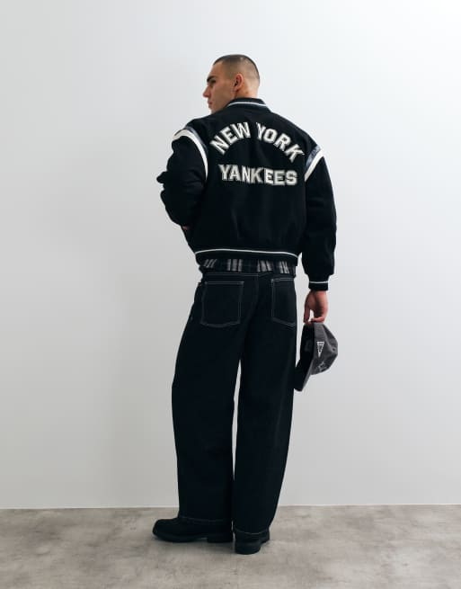 New Era NY Yankees logo MLB logo wool mix varsity jacket in black, 4 of 5