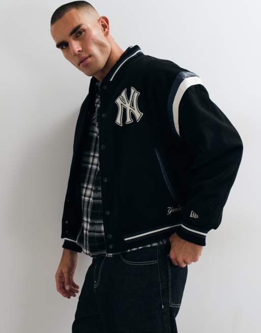 New Era NY Yankees logo MLB logo wool mix varsity jacket in black, 5 of 5