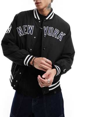 New Era New Era NY Yankees logo varsity style bomber jacket in black-Navy