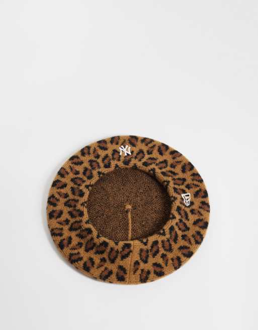 New Era NY Yankees logo womens wool leopard print beret in brown multi, 2 of 3