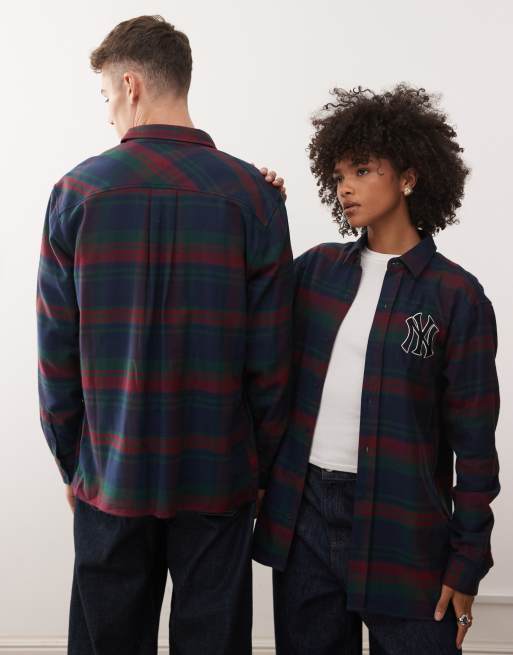 New Era NY Yankees long sleeve logo check shirt in blue, 4 of 4
