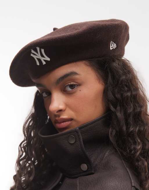 New Era NY Yankees melton wool logo beret in brown, 2 of 3