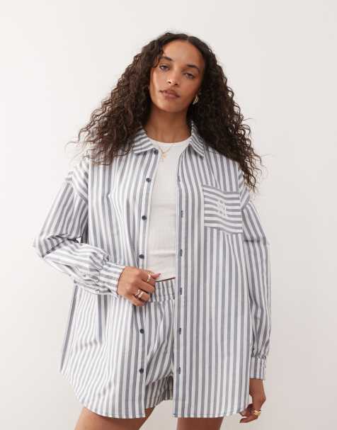 New Era NY Yankees oversized long sleeve striped shirt in blue and white - view 1