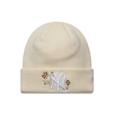 New Era - NY Yankees - Strickmütze in Beige mit Logo mit Rosen-Pailletten-Neutral