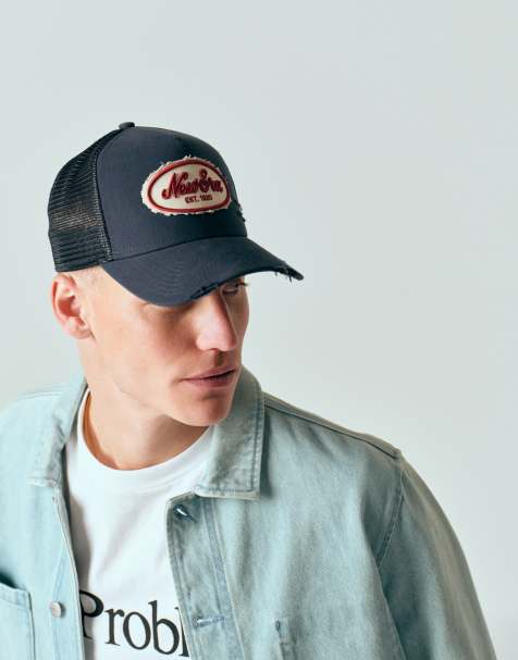 New Era oval canvas distressed patch trucker cap in navy - view 1