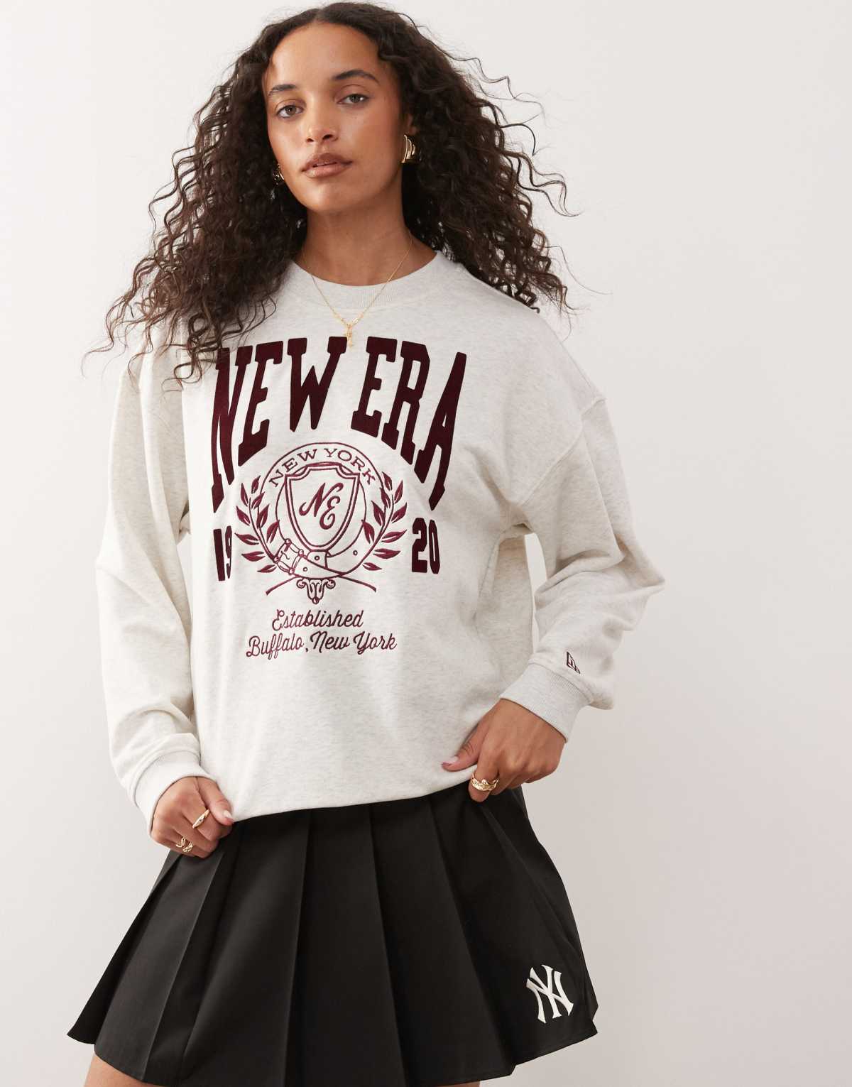 New Era oversized sweatshirt in light grey with collegiate print