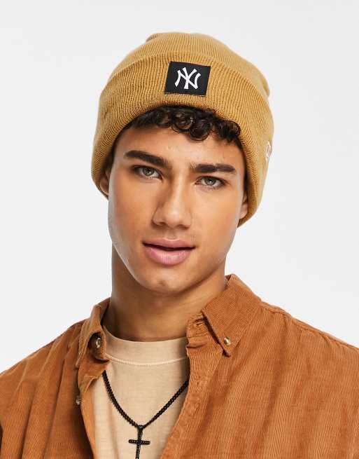 New Era patch logo NY beanie hat in yellow