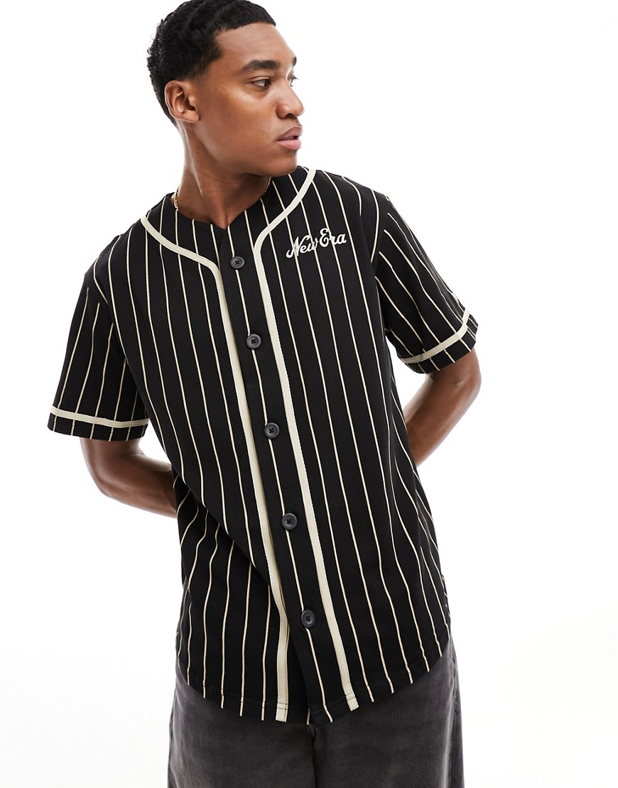 New Era pinstripe baseball shirt with script embroidery in black
