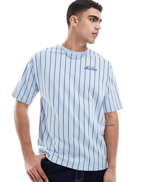 New Era pinstripe script logo t-shirt in blue - view 1