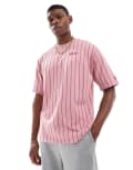 [New Era] New Era pinstripe script logo t-shirt in pink M PINK