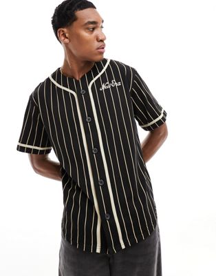 New Era pinstripe baseball shirt with script embroidery in black