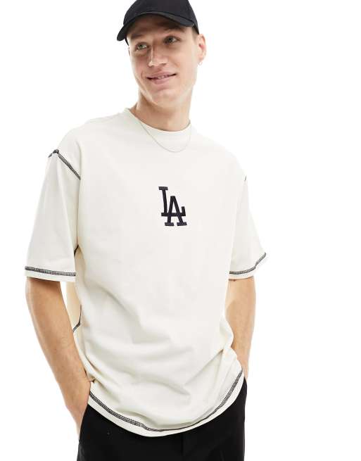 New Era - Råhvid T-shirt med LA-logo og kontrast-syninger, 2 af 4