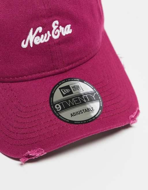 New Era script logo 9twenty distressed cap in red, 2 of 3