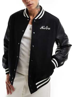 New Era New Era script logo varsity style bomber with PU contrast sleeves in black