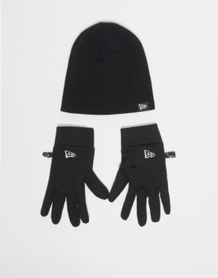 New Era - Set aus Strickmütze und E-Touch-Handschuhen in Schwarz mit Flaggenlogo