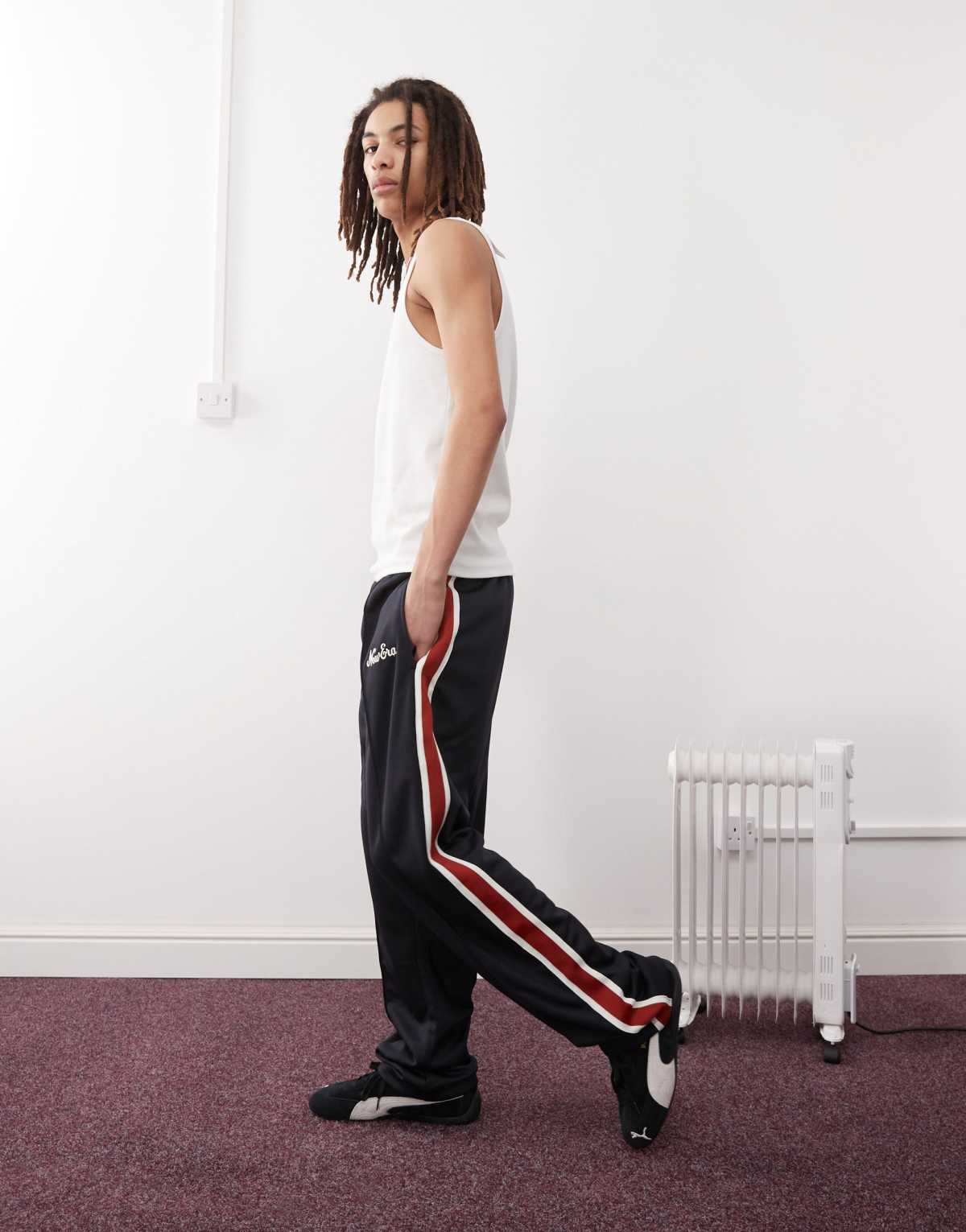 New Era side stripe wide leg track pant in navy
