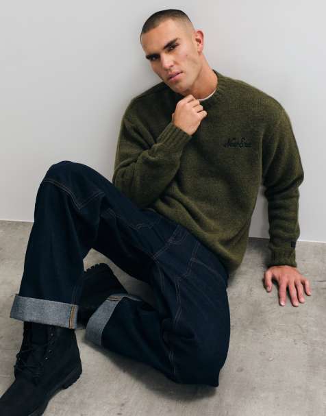 New Era simple script logo knitted crewneck jumper in dark green - view 1