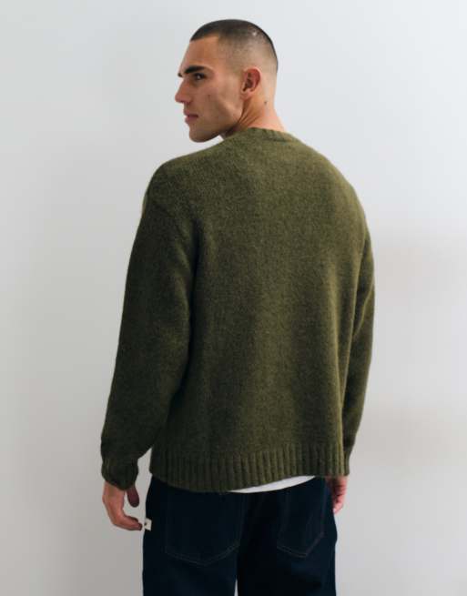 New Era simple script logo knitted crewneck jumper in dark green, 5 of 5