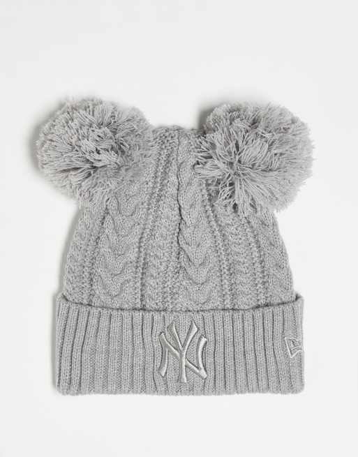New Era – Szara dzianinowa czapka beanie o warkoczowym splocie z dwoma pomponami i haftem NY