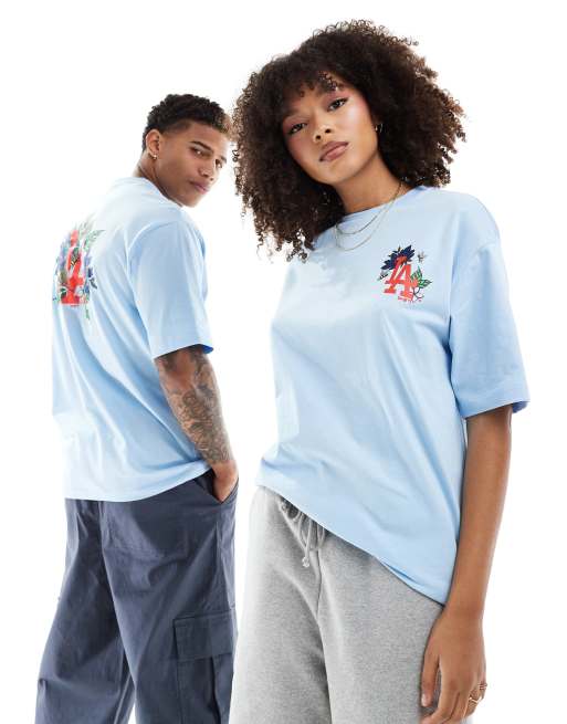 New Era - Uniseks T-shirt met grafische gebloemde Los Angeles-print in blauw