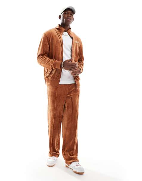New Era velour straight leg joggers co-ord with script logo in rust - view 1