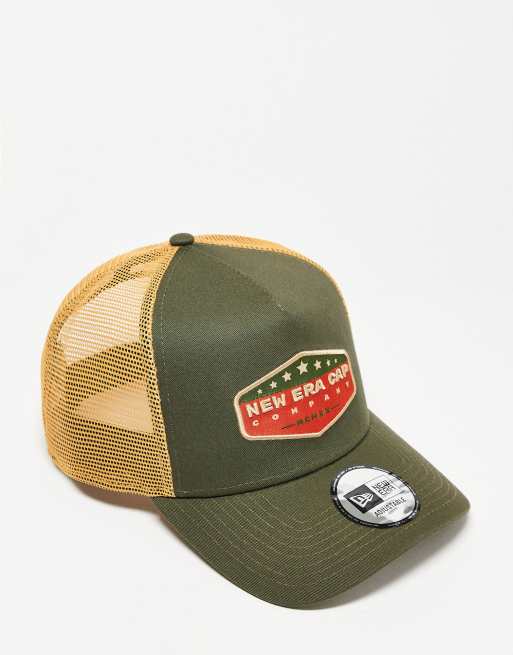 New Era vintage patch contrast trucker cap in khaki and yellow