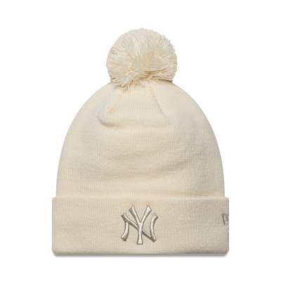 New Era New Era Womens NY Yankees acrylic pom beanie with metallic logo in beige-Neutral