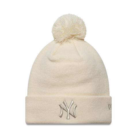 New Era Womens NY Yankees acrylic pom beanie with metallic logo in beige - view 1