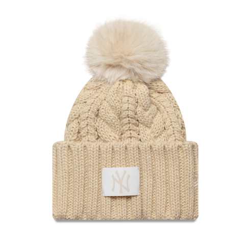 New Era Womens NY Yankees cable knit pom wide cuff beanie in beige - view 1