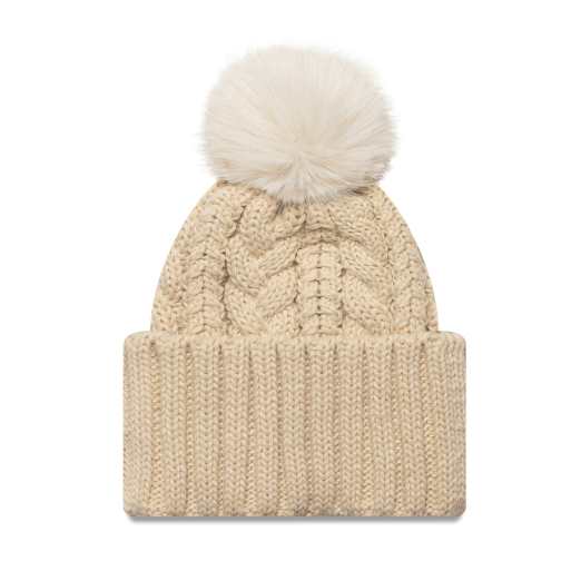 New Era Womens NY Yankees cable knit pom wide cuff beanie in beige, 2 of 3