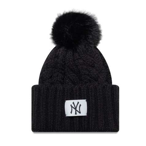 New Era Womens NY Yankees cable knit pom wide cuff beanie in black - view 1