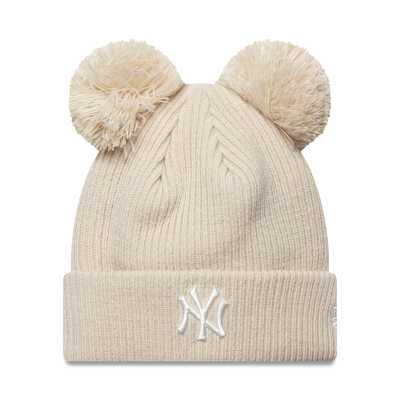 New Era New Era Womens NY Yankees double pom ribbed beanie in beige-Neutral