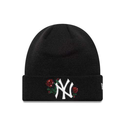 New Era Womens NY Yankees sequin rose logo beanie in black, 3 of 3