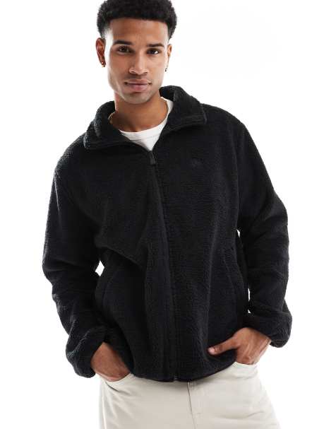 New Era zip through borg jacket with motif back print in black - view 1
