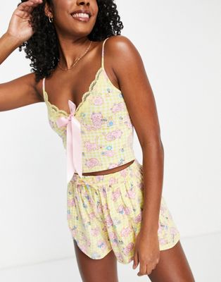 New Girl Order all over kitty print cami short set in yellow