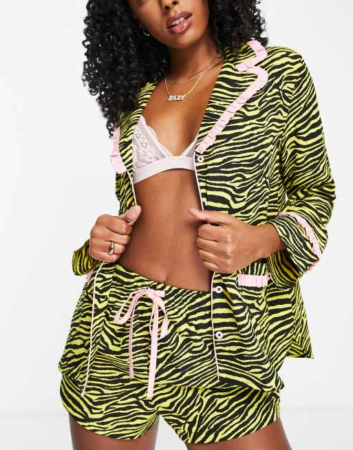 New Girl Order animal print revere top and trouser set with contrast ruffle trim in yellow
