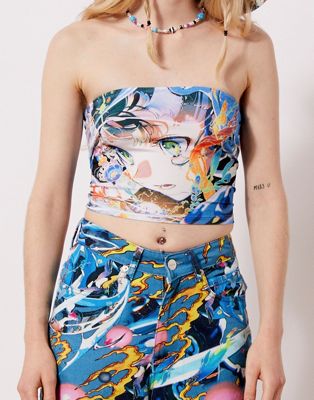 New Girl Order anime print bandeau top in blue