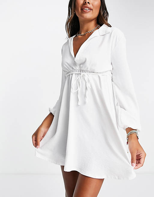 New Girl Order balloon sleeve drawstring beach dress in white