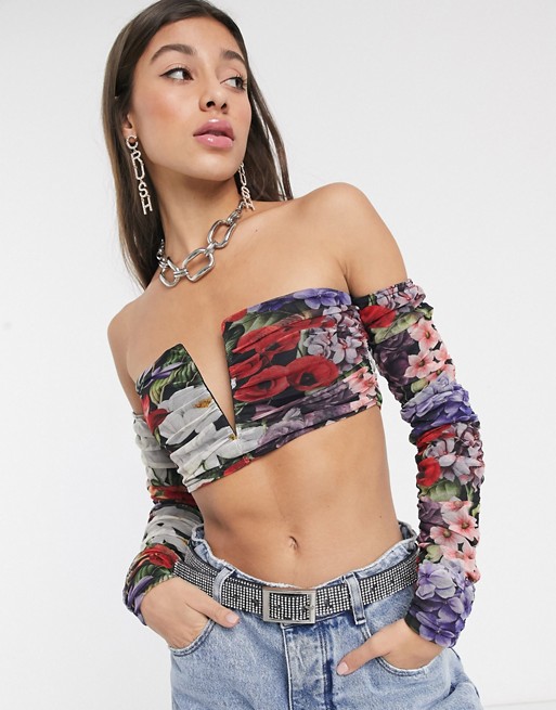 New Girl Order bardot ruched crop top in floral