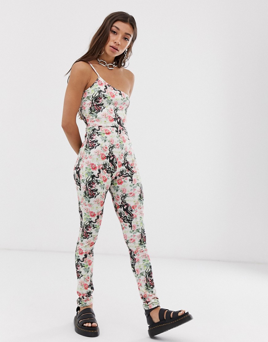 New Girl Order - Body met één blote schouder met bloemen- en drakenprint-Multi