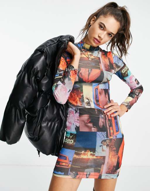New Girl Order - Bodycon mini-jurk met collageprint en uitsnijding aan de achterkant in multi 