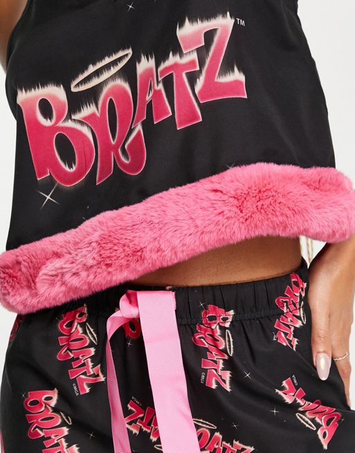 New Girl Order Bratz fluffy trim motif cami and wide leg trouser pyjama set  in black