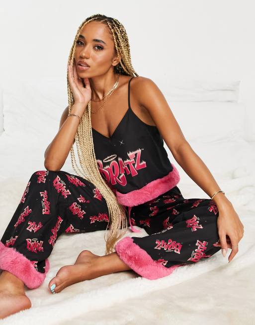 New Girl Order Bratz fluffy trim motif cami and wide leg trouser pyjama set  in black