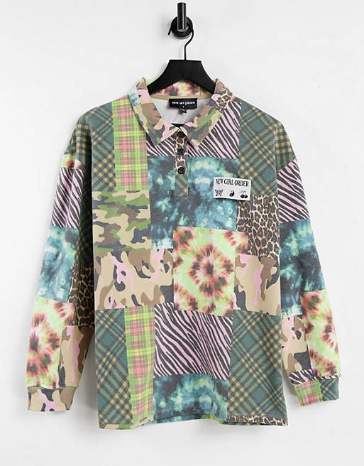 Women New Girl Order button down sweatshirt in patchwork print 