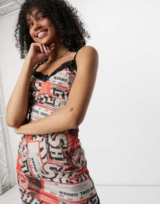 New Girl Order cami mini dress with lace trim in she devil print