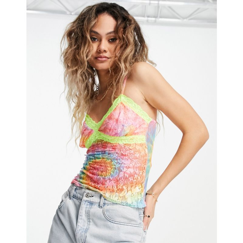og4N5 Top New Girl Order - Canotta crop top con finiture in pizzo fluo