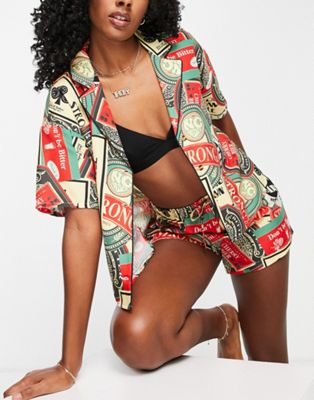 New Girl Order collage print revere top and short set in multicolour