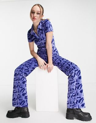 Femme New Girl Order - Combinaison effet velours à imprimé radical - Bleu