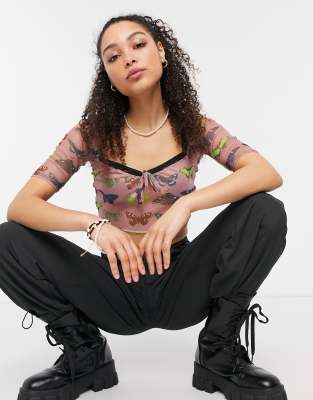 New Girl Order - Crop top en tulle à décolleté en cœur et motif papillons