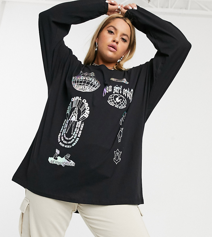 New Girl Order - Curve - Combi-set - T-shirt met lange mouwen en reflecterende print-Zwart